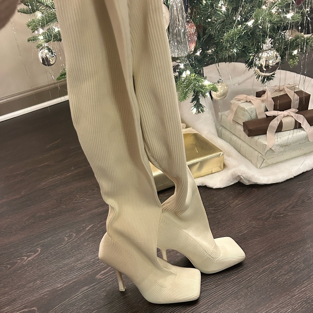 Cream Ribbed Square Toe Over-the-Knee Stretch Sock Boots